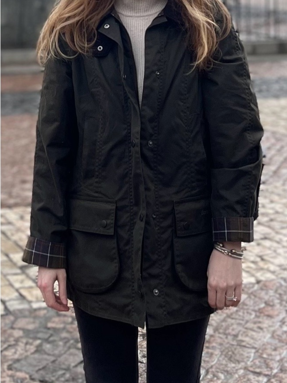 Barbour Olive Green Waxed Cotton Field Jacket with Tartan Lining